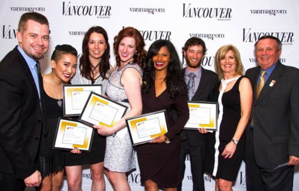 L-R-Kurtis-Kolt-Independent-Wine-Consultant-Samantha-Casuga-Jen-Kinna-Carmen-Parry-Shiva-Reddy-Chris-Turyk-Lori-Chalmers-Publisher-Vancouver-Magazine-and-Bing-Smith-Chair-BCHF-at-the-Sheraton-Wall-Centre-on-April 24