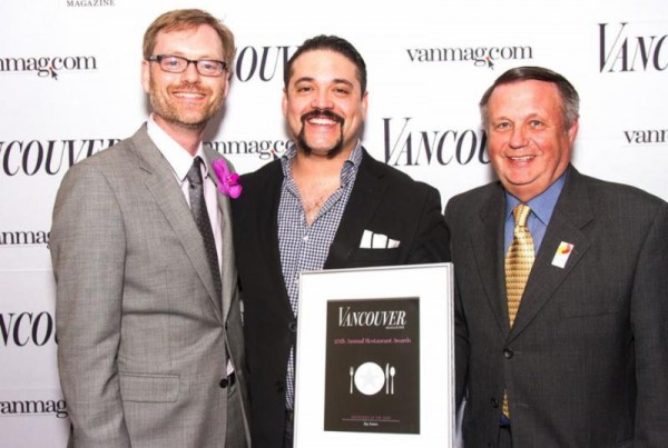 L-R- John Burns (Editor, Vancouver Magazine), Jay Jones (Bartender of the Year), Bing Smith (Chair, BCHF) at the Sheraton Wall Centre on April 24.