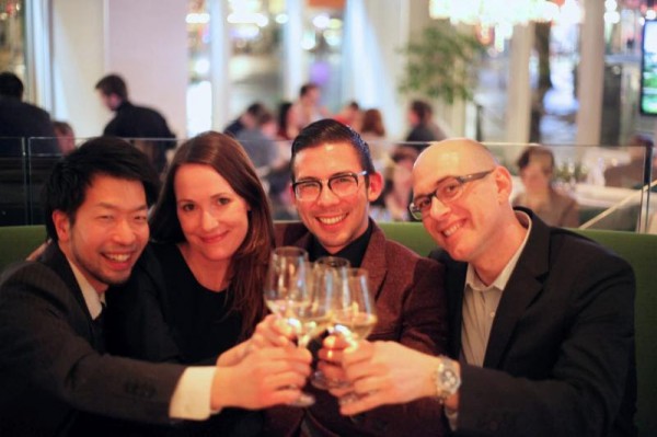 Roger Maniwa (Hawksworth), Brooke Delves (Wildebeest), Jason Yamasaki (Chambar) and Christophe Cardone (Blasons de Bourgogne) raise a glass of Chablis