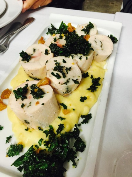 Maple Hills Farms chicken roulade with creamy polenta and kale chips