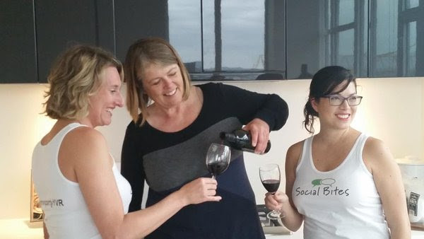 Annika Reinhardt (DinnerPartyYVR co-founder), Serendipity Winery owner Judy Kingston and Crystal Henrickson (DinnerPartyYVR co-founder) share a glass of Serendipity wine in 2015.