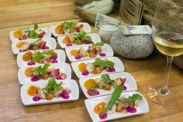  Grilled Pacific octopus with chickpeas, charred lemon and local beets by Chefs' Table Society of BC member Chris Whittaker, Forage/Timber, at the 2nd Annual Slow Fish Dinner. Photo credit- Sombilon Photography