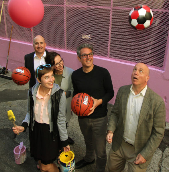 L-R Darryl Condon (HCMA), Rachelle Jones (DBVIA), Alexandra Kenyon (HCMA), Steve DiPasquale (HCMA), Charles Gauthier (DVBIA) make a Hastings laneway More Awesome Now.