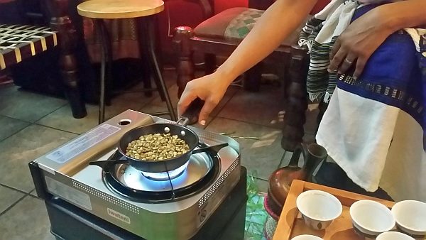 Toasting Green Coffee Beans for traditional Ethiopian Coffee