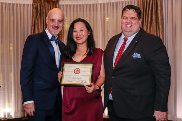 from left Mr. Dillon Carfoot Regional Director for Les Clefs d'Or British Columbia, Ms. Shelley Hayashi Concierge, Pan Pacific Hotel (received Certificate of excellence) Mr. Don Mooney , Vice Director of Les Clefs d'Or Canada 