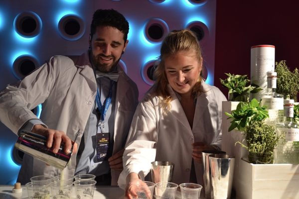 Gez McAlpine and Amber Bruce prepare the Nitro Lady, with Botanist gin, lemon juice, egg, sugar, orange bitters, selected herbs - and liquid nitrogen - photo by Cathy Browne