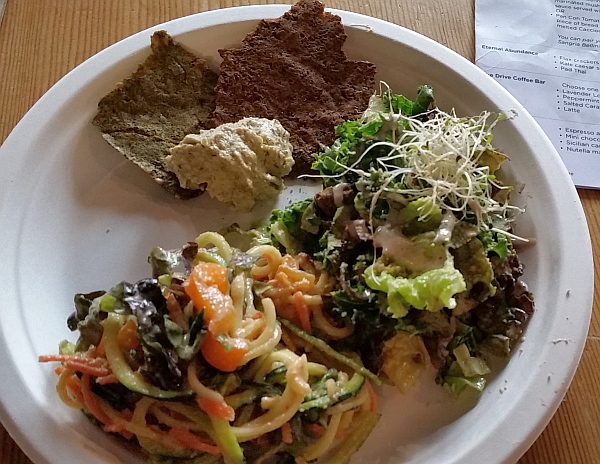 Eternal Abundance flax crackers with sunflower cheeze, Kale Caesar Salad, and Zucchini Pad Thai