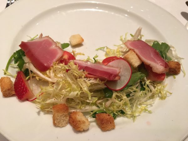 The second course salad featured house-smoked duck and pickled strawberries - photo by Cathy Browne